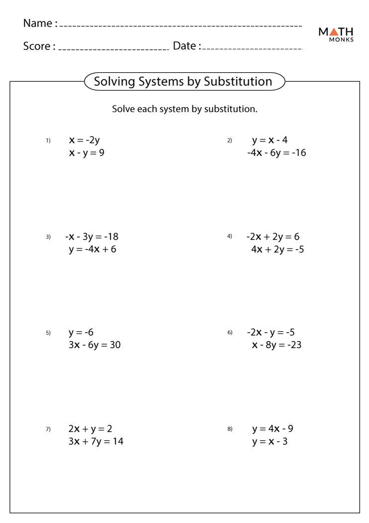 Solving Systems of Equations by Substitution Worksheets - Math Monks