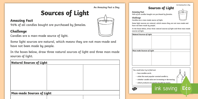 sources of light worksheet