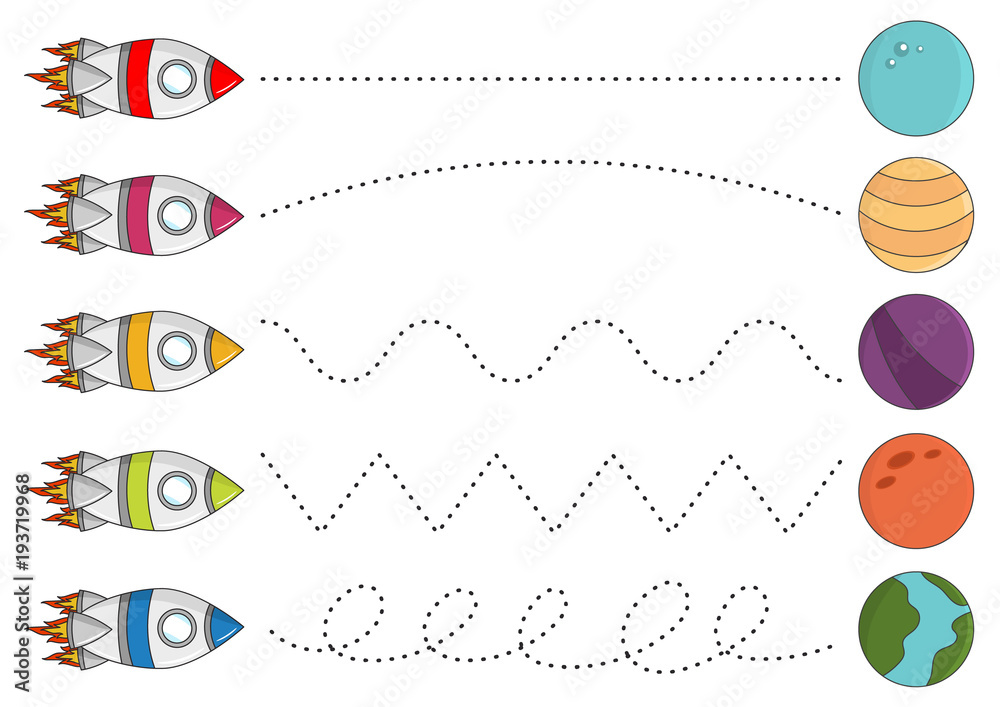 Trace line worksheet for kids, practicing fine motor skills. Space ...