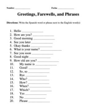 Spanish 1 Worksheets Beginner Vocabulary Words Phrases Numbers Colors
