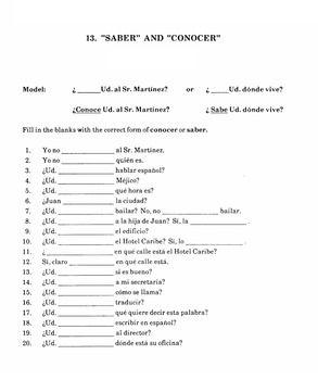 Spanish 1, Spanish 2 Class- Worksheet Grammar - Saber and Conocer