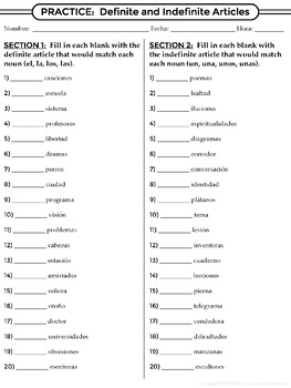 FREEBIE: Spanish 1 - Definite and Indefinite Articles Practice ...