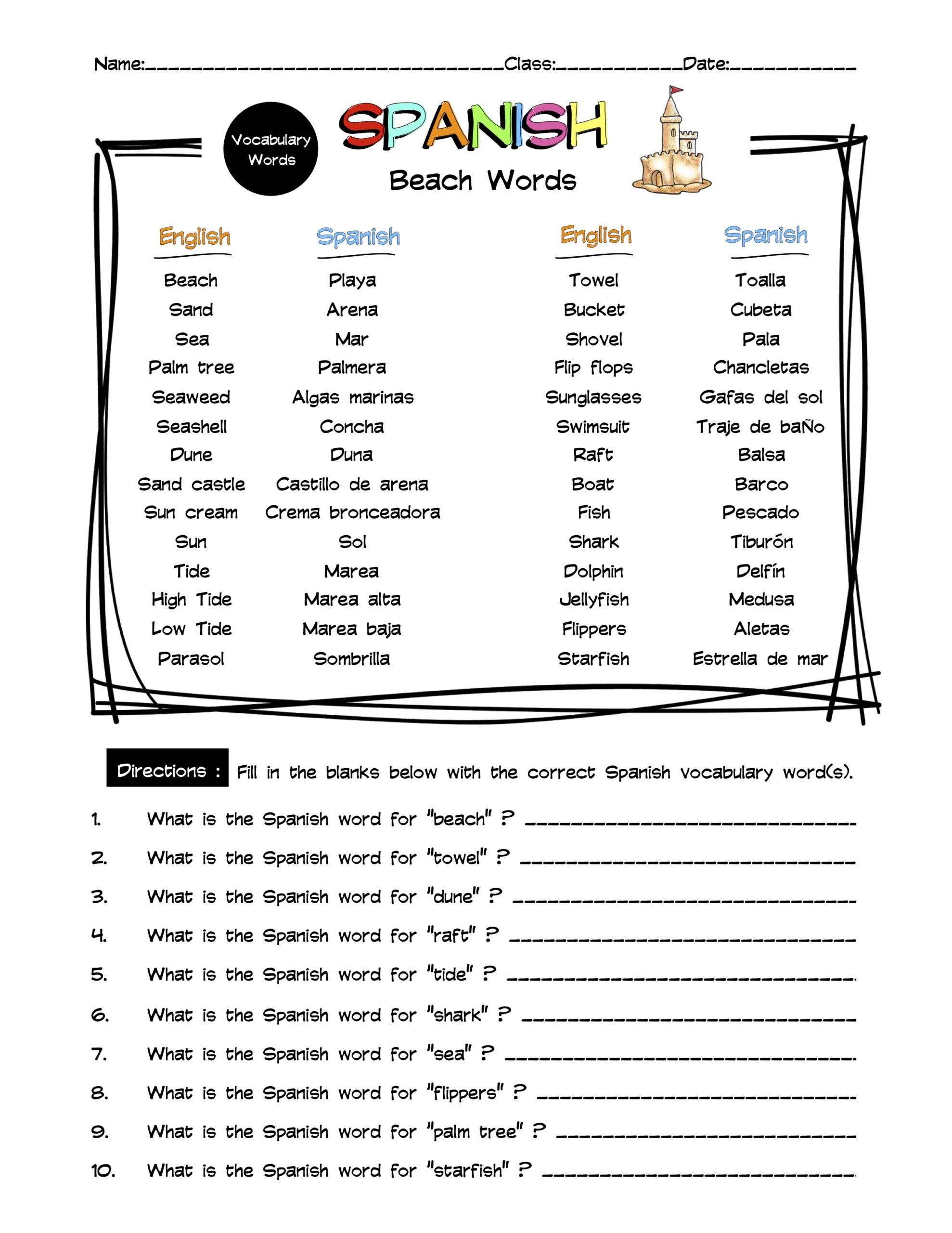 Spanish I Vocabulary 3-1 Worksheet - WordMint