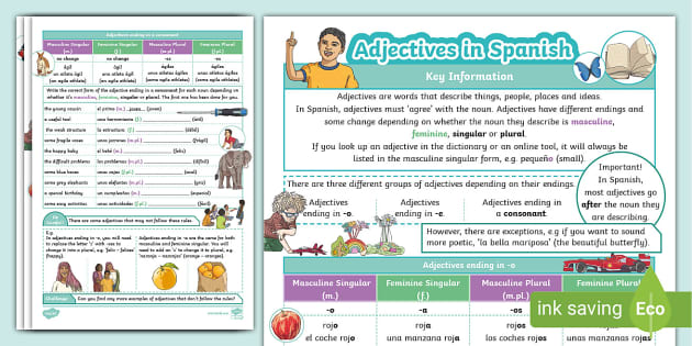 Spanish Grammar: Adjectives Worksheet (teacher made)