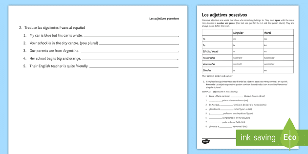 spanish adjectives worksheet