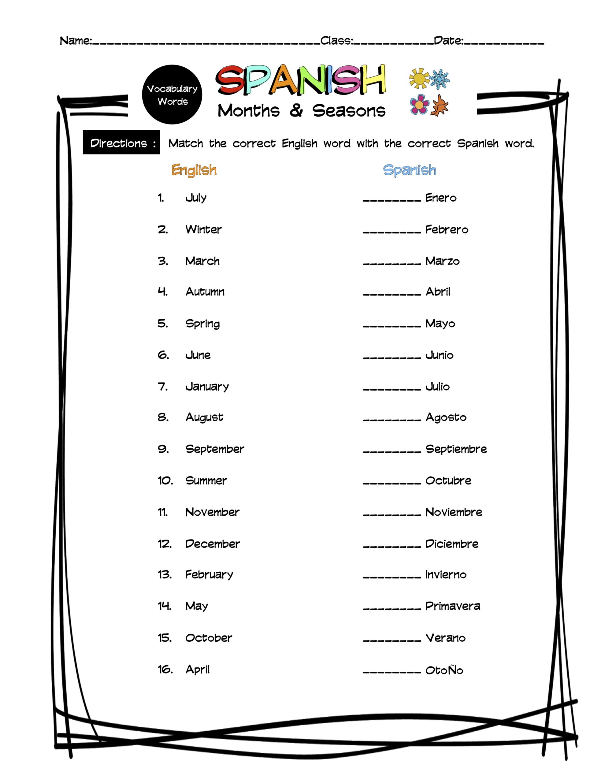 spanish and english worksheet