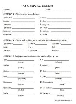 Spanish 1 - Basic Conjugation Practice Worksheet for -AR Verbs | TPT