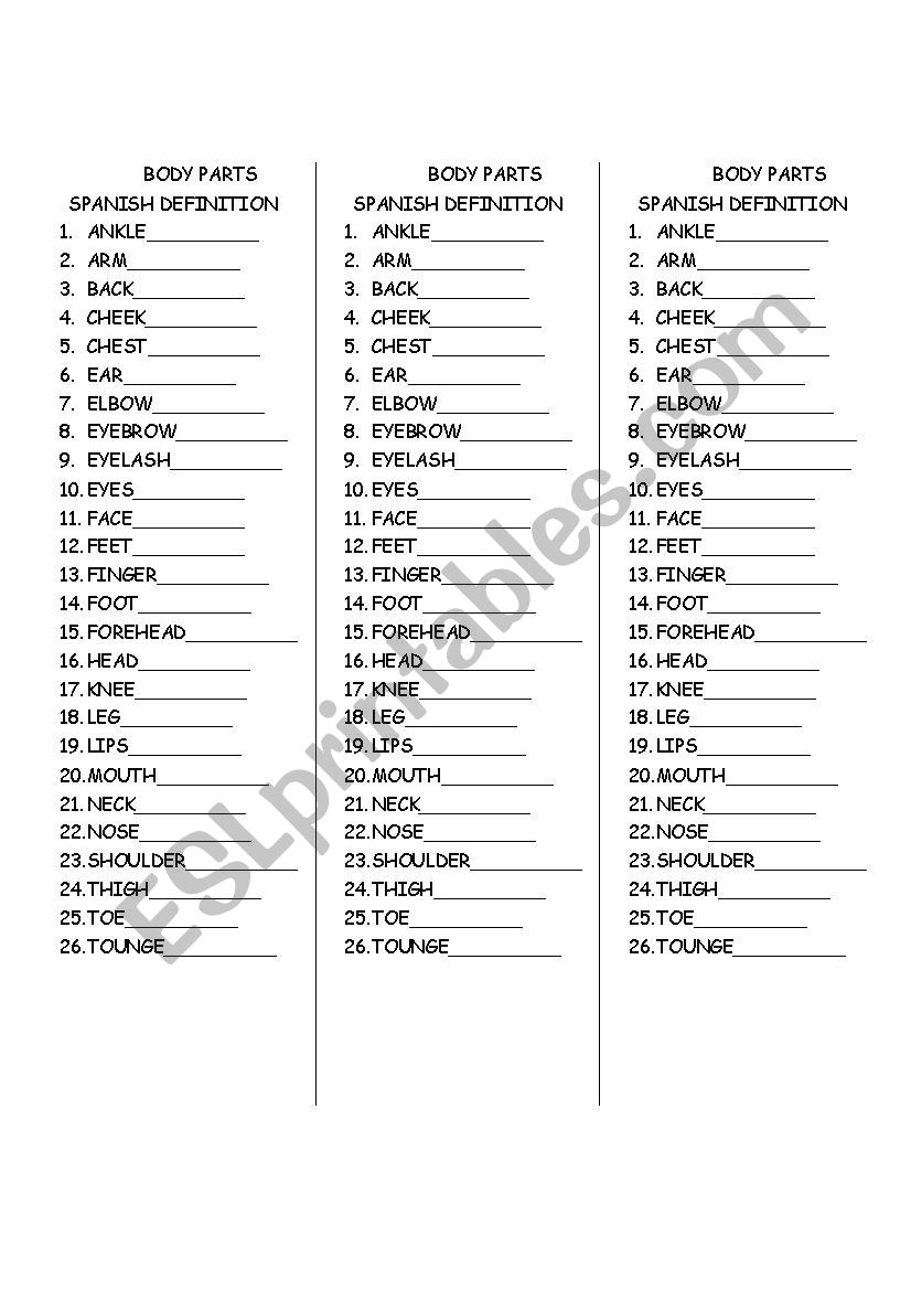 spanish body parts worksheet