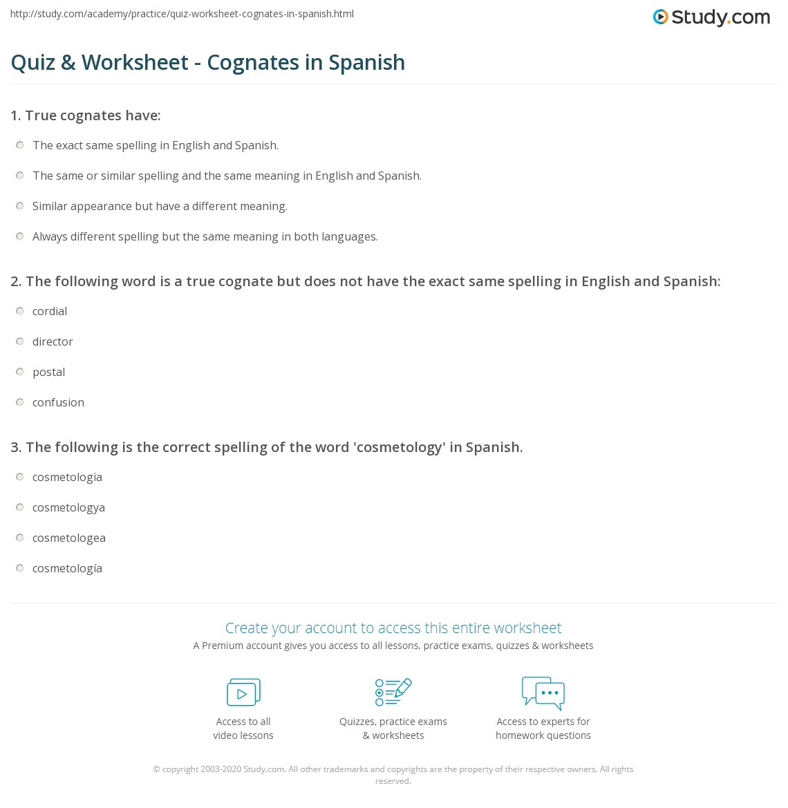 Quiz &  Worksheet - Cognates in Spanish | Study.com