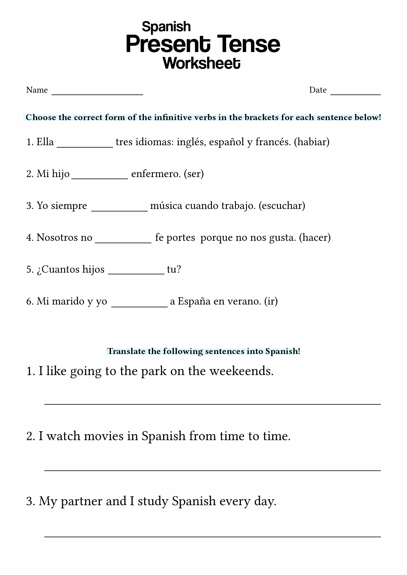 19 Spanish Verb Worksheets - Free PDF at worksheeto.com