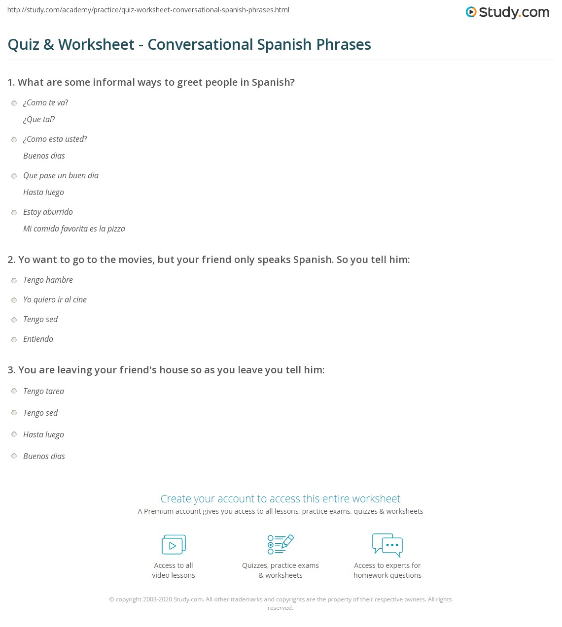 Quiz &  Worksheet - Conversational Spanish Phrases | Study.com