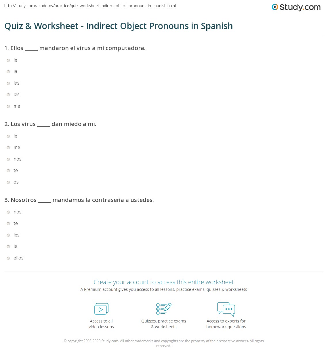 Quiz &  Worksheet - Indirect Object Pronouns in Spanish | Study.com