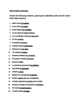 Direct Object Pronouns in Spanish Worksheet  