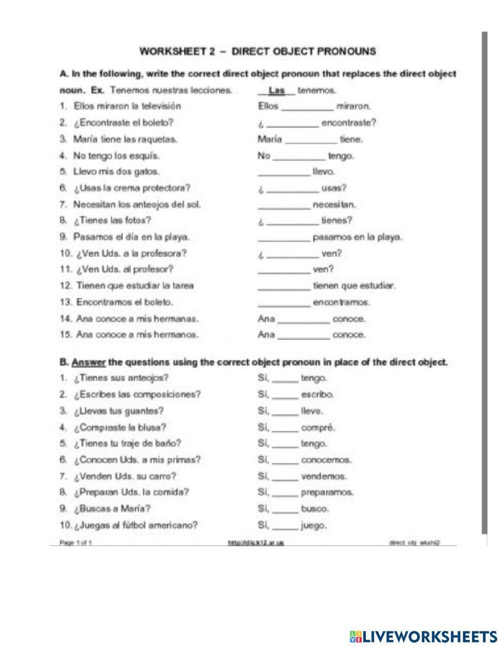 spanish direct object pronouns worksheet