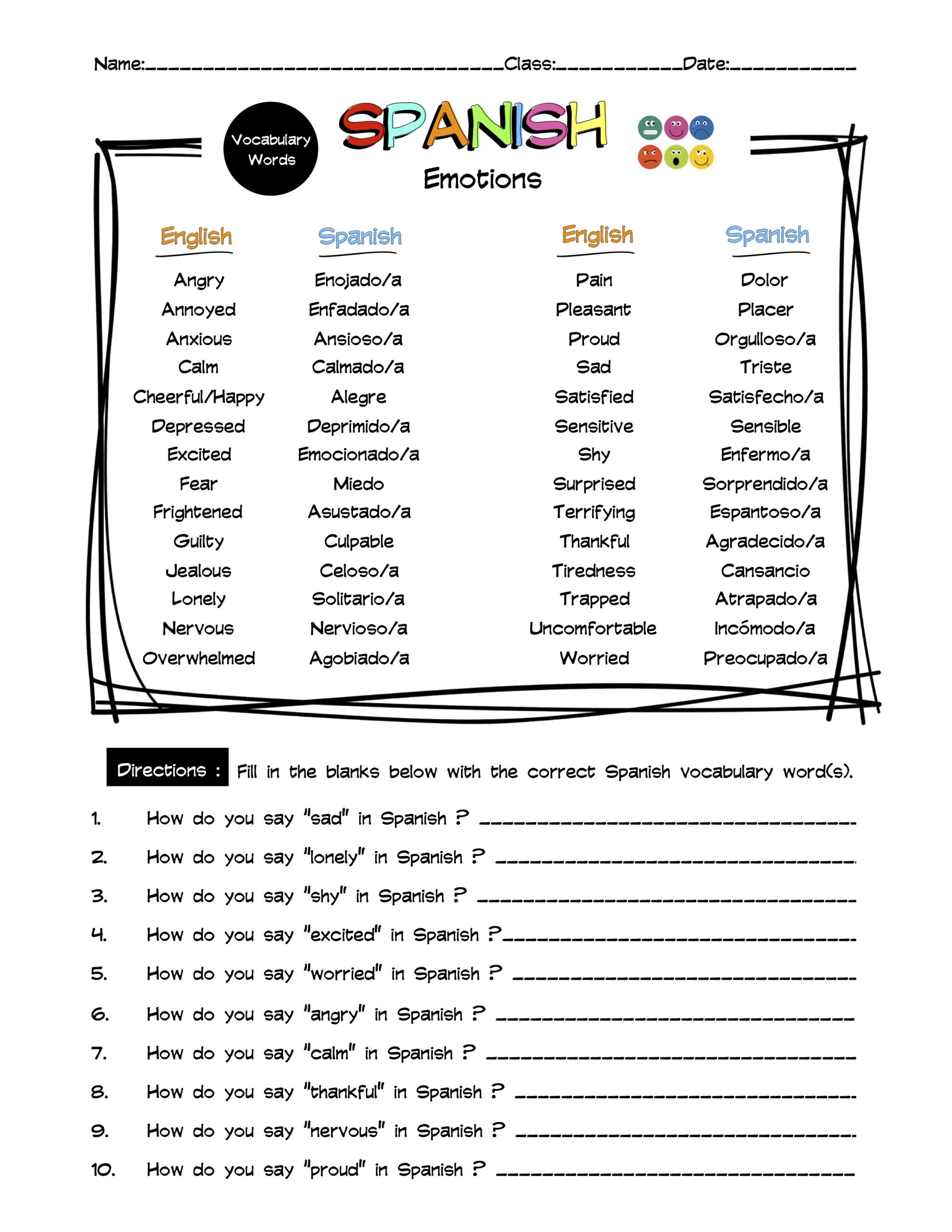 spanish emotions worksheet