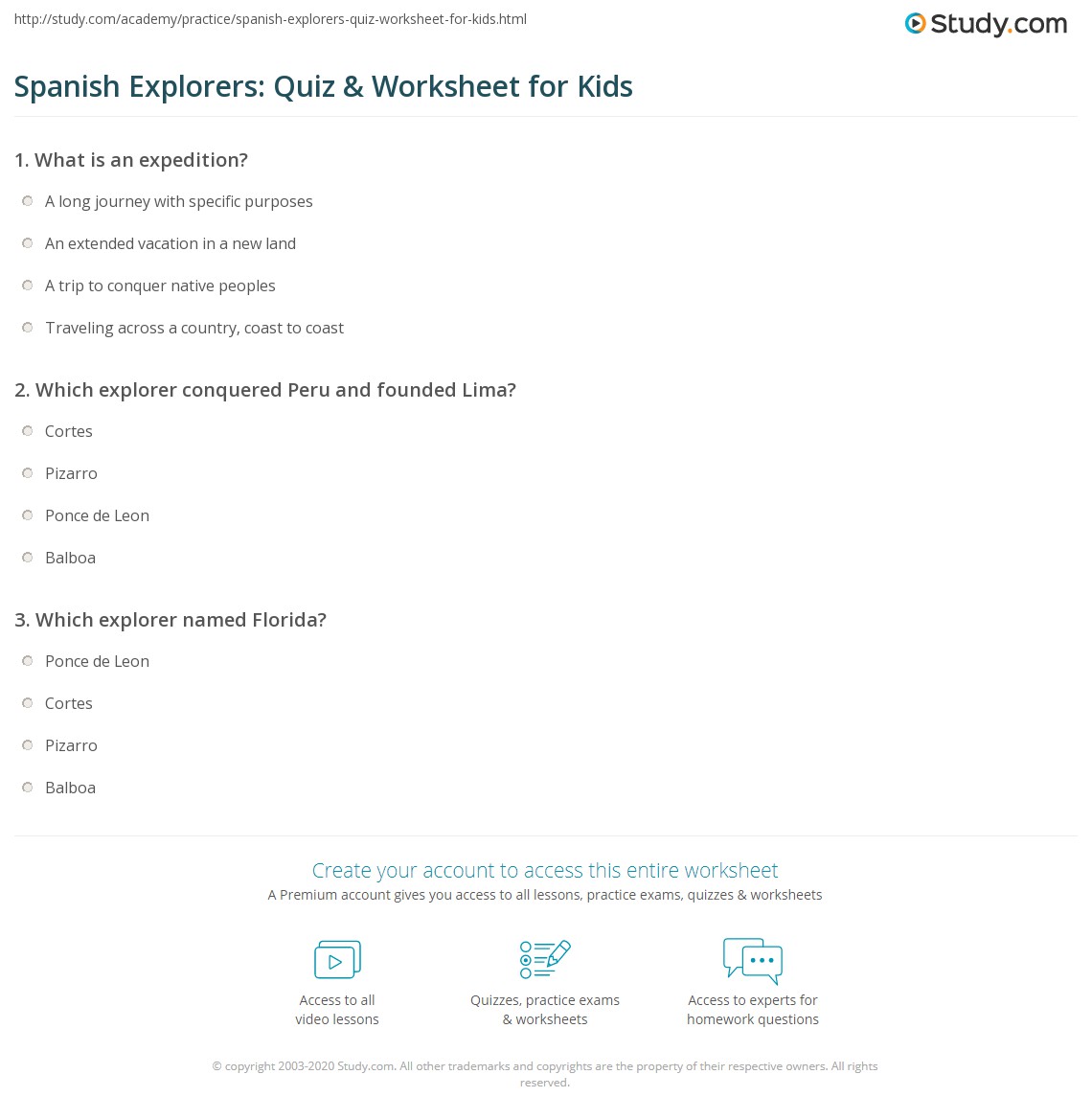 Spanish Explorers: Quiz &  Worksheet for Kids | Study.com