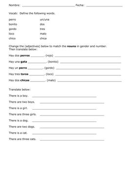 Worksheets to Practice Gender &  Number: Simple Worksheets for Spanish  Beginners!