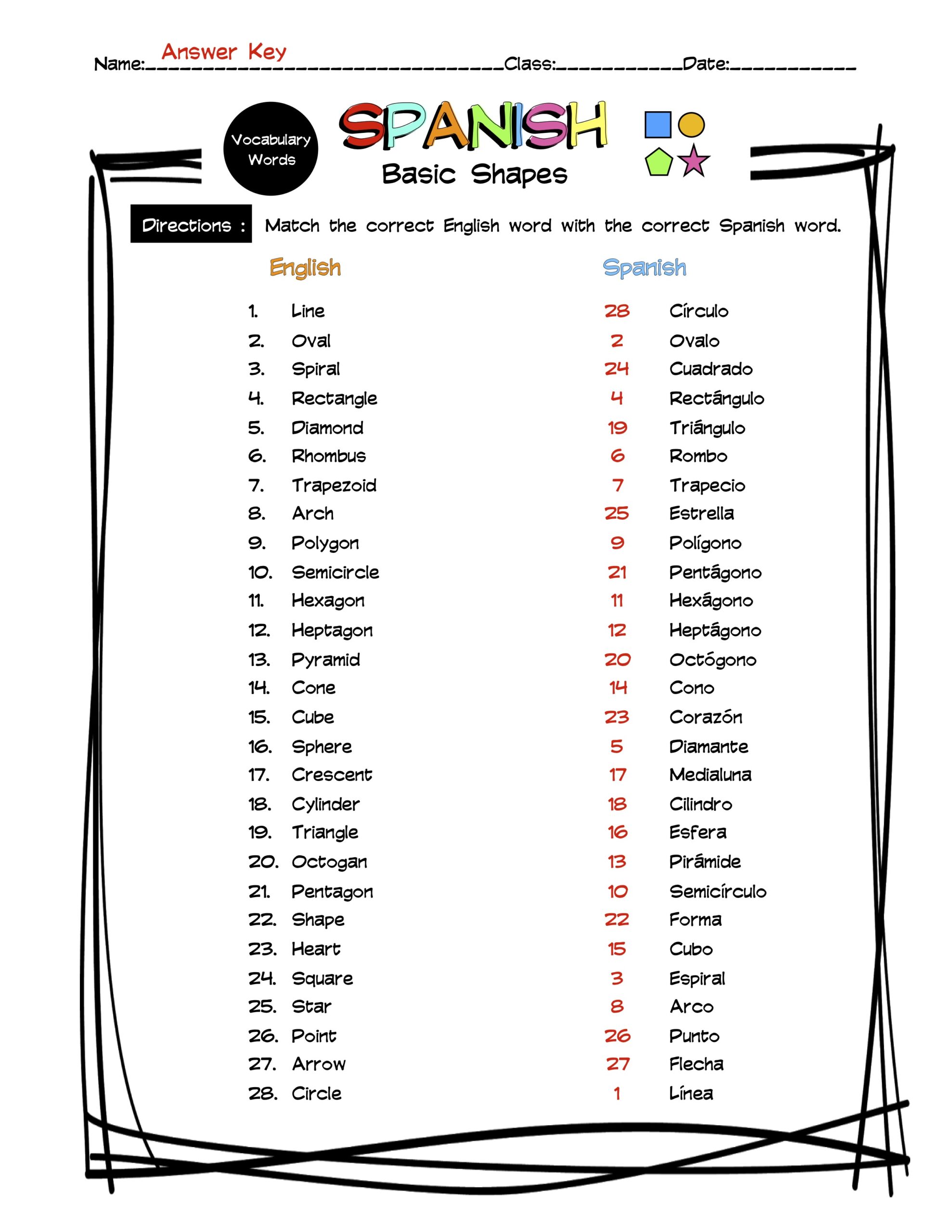 Spanish Basic Shapes Vocabulary Matching Worksheet &  Answer Key ...