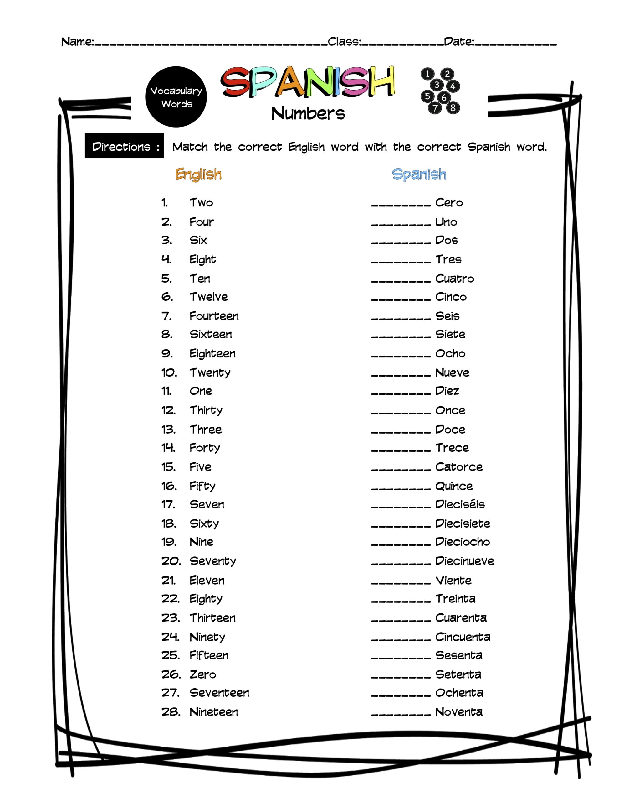 Spanish Numbers Vocabulary Matching Worksheet &  Answer Key | Made ...