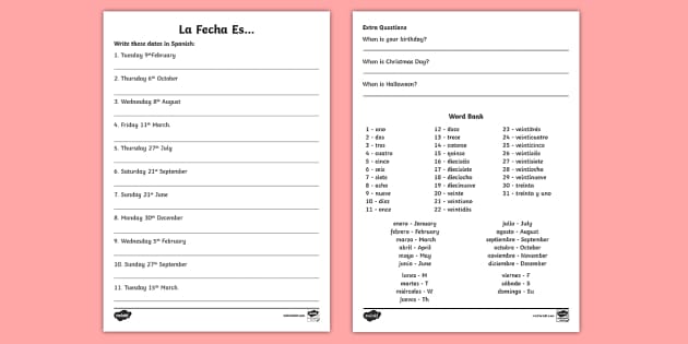 Spanish Date Writing Worksheet - Months of the Year - Twinkl