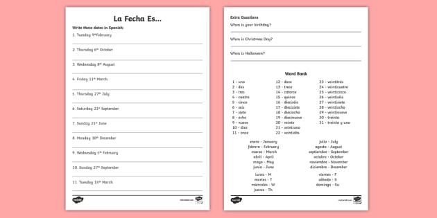 Spanish Date Writing Worksheet - Months of the Year - Twinkl