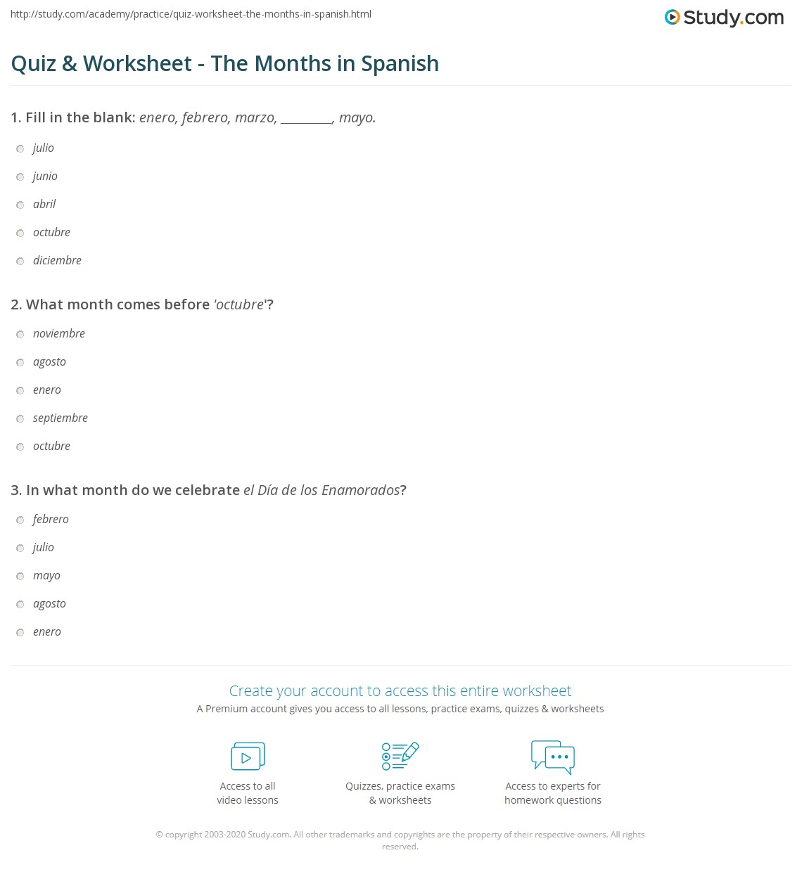 Quiz &  Worksheet - The Months in Spanish | Study.com