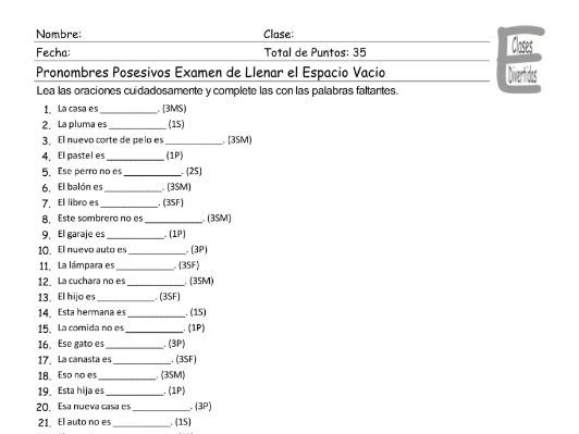 spanish possessive pronouns worksheet