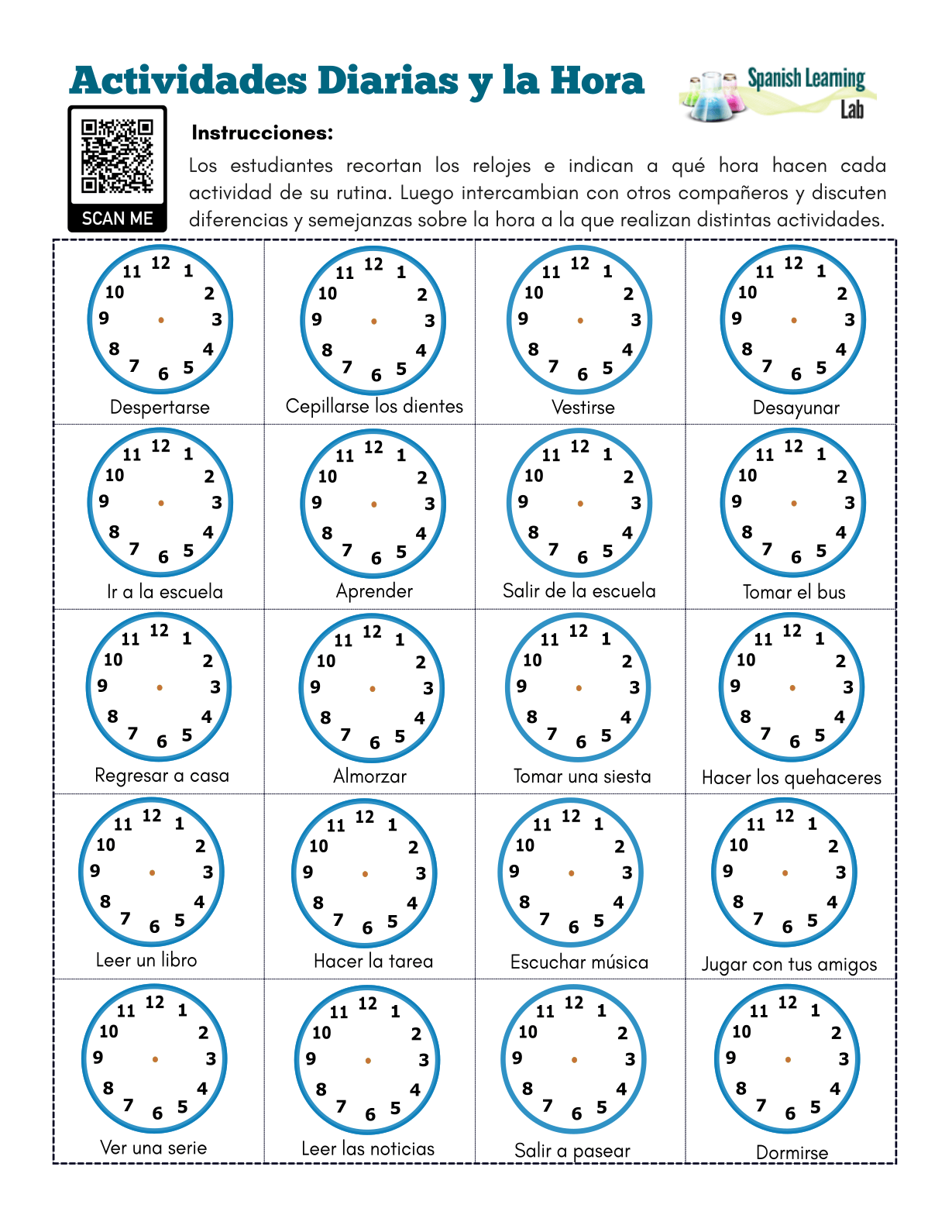 Daily Activities &  Time in Spanish - PDF Worksheet - Spanish ...