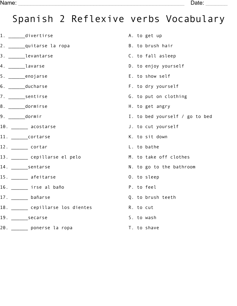 Spanish 2 Reflexive verbs Vocabulary Worksheet - WordMint