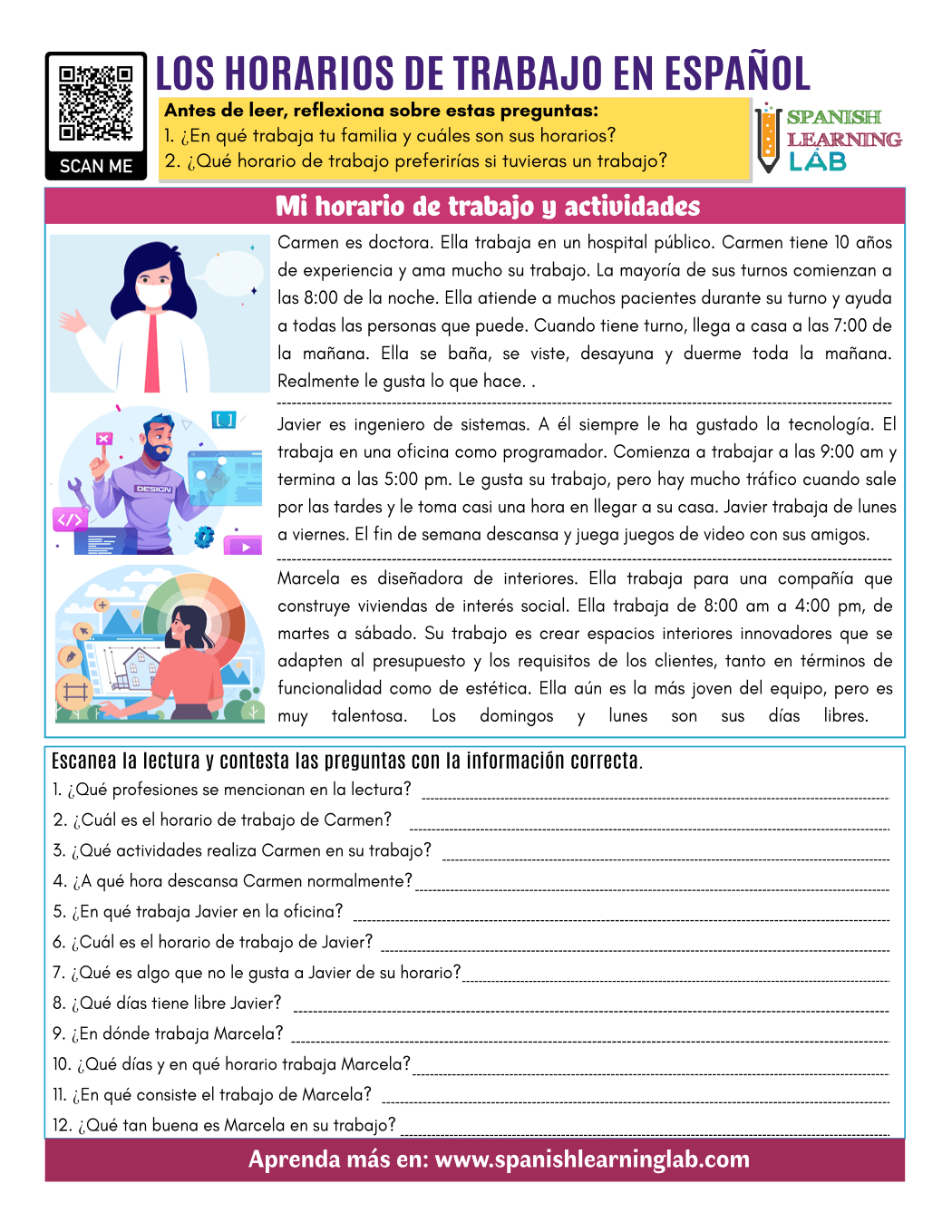 Job Schedules in Spanish - PDF Reading Worksheet - Spanish ...