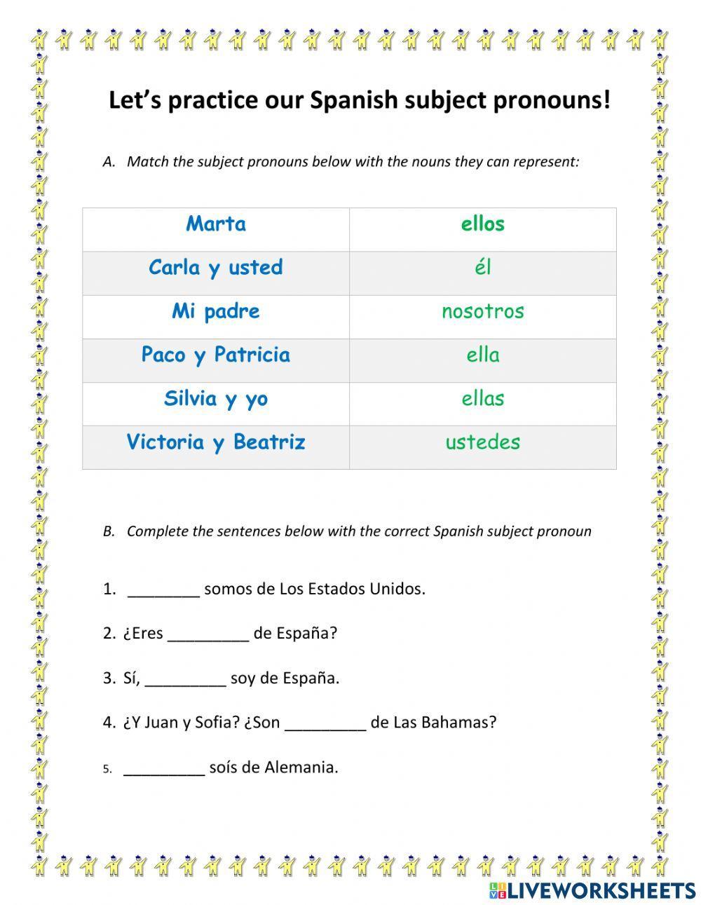 Spanish Subject Pronouns Homework Worksheet Live Worksheets 