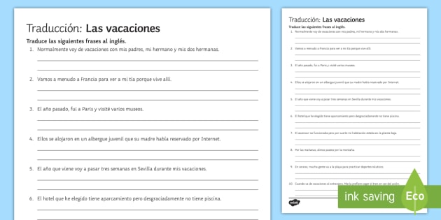 spanish to english translation worksheet