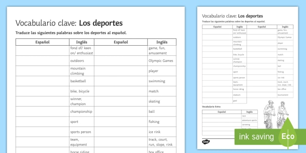 Sports Vocabulary English to Spanish Translation Worksheet ...