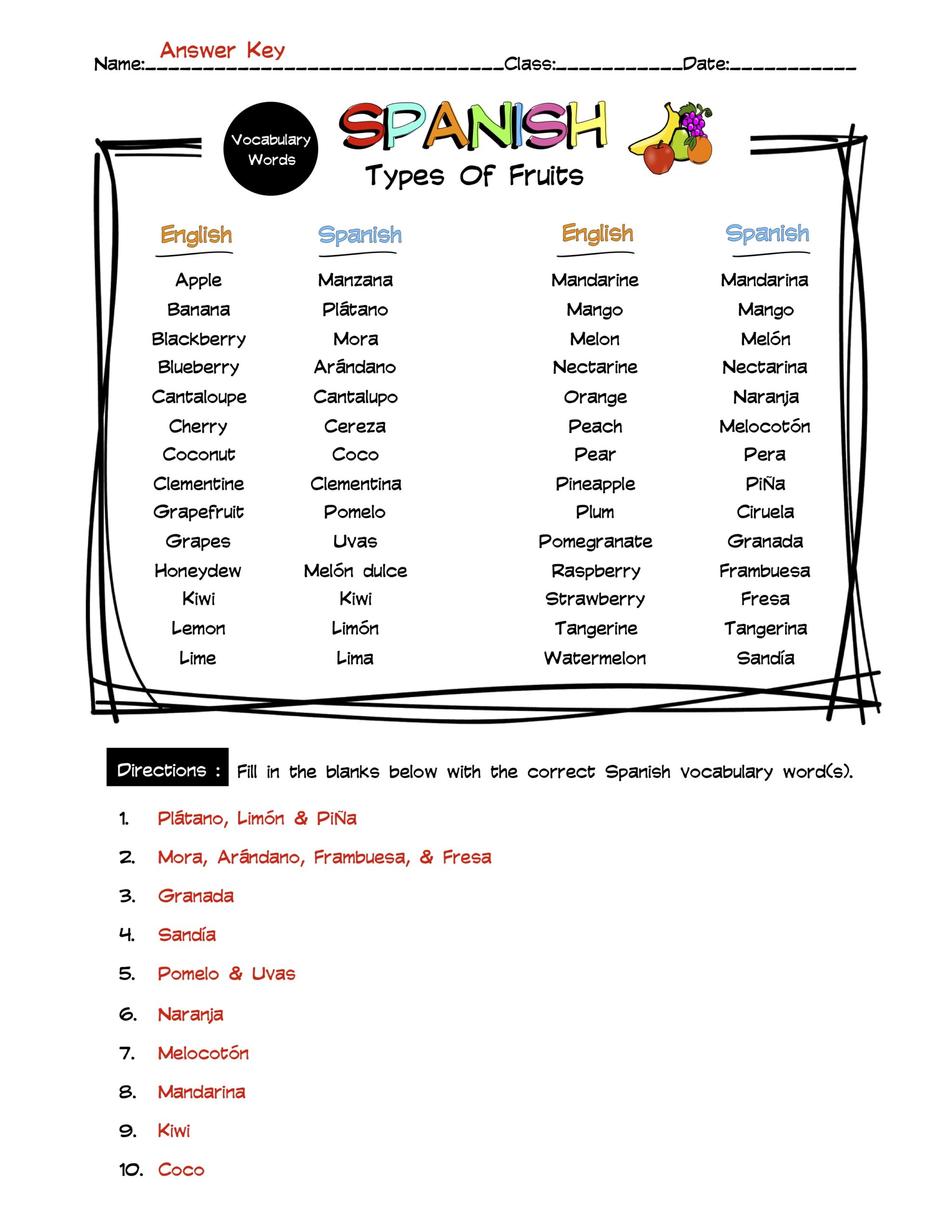 spanish vocab worksheet