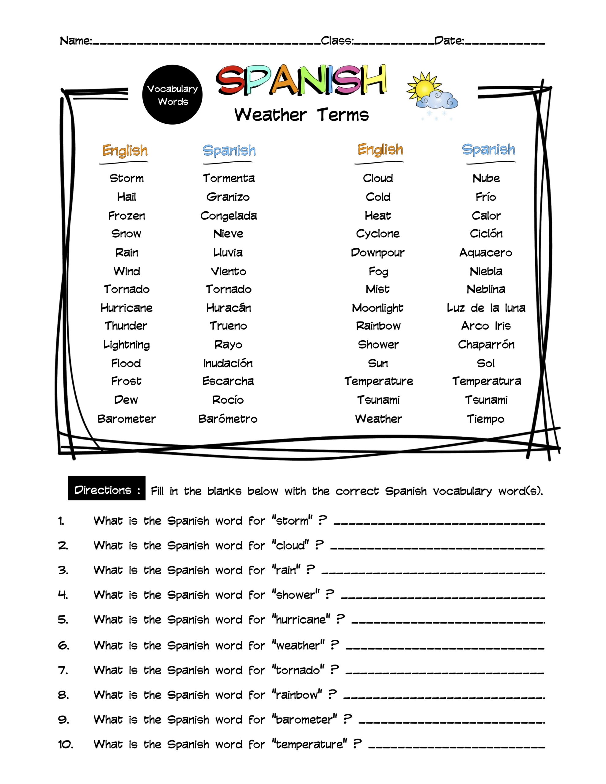 spanish weather terms worksheet