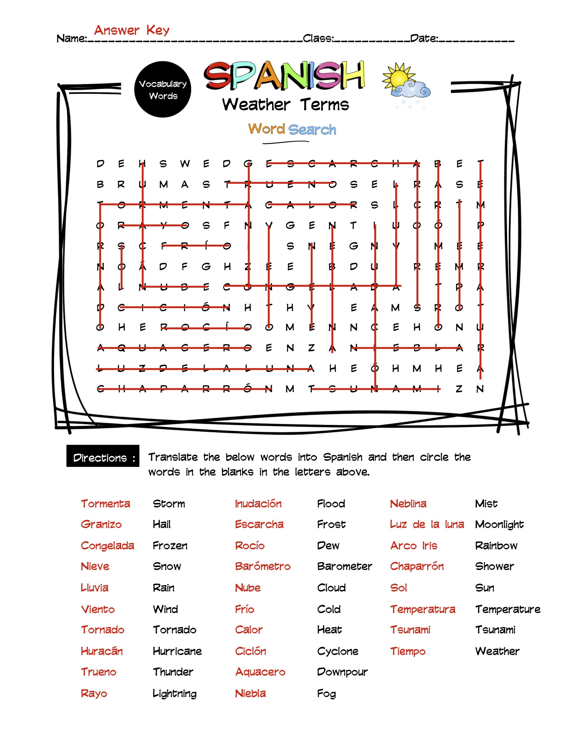 spanish weather terms worksheet