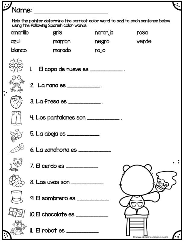 spanish worksheet for 3rd graders