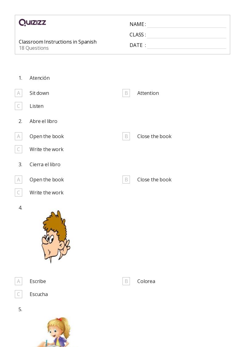 spanish worksheet for 3rd graders