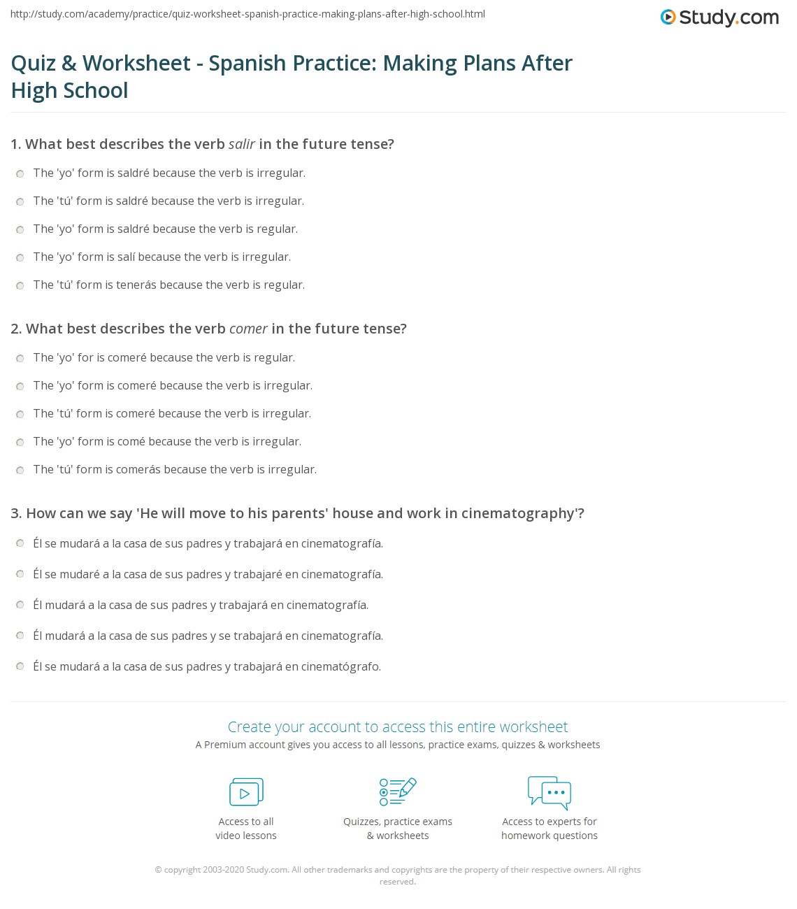 Quiz &  Worksheet - Spanish Practice: Making Plans After High ...