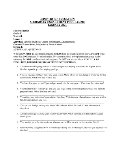 spanish worksheet for highschool students