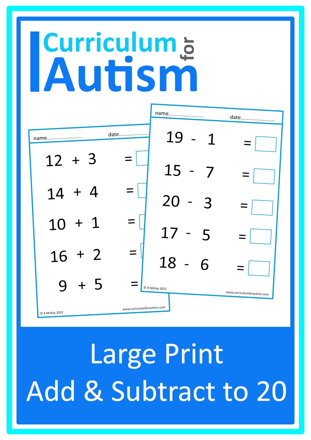 Large Print Addition &  Subtraction to 20 Worksheets Autism Special  Education Resource Homeschool — Curriculum For Autism