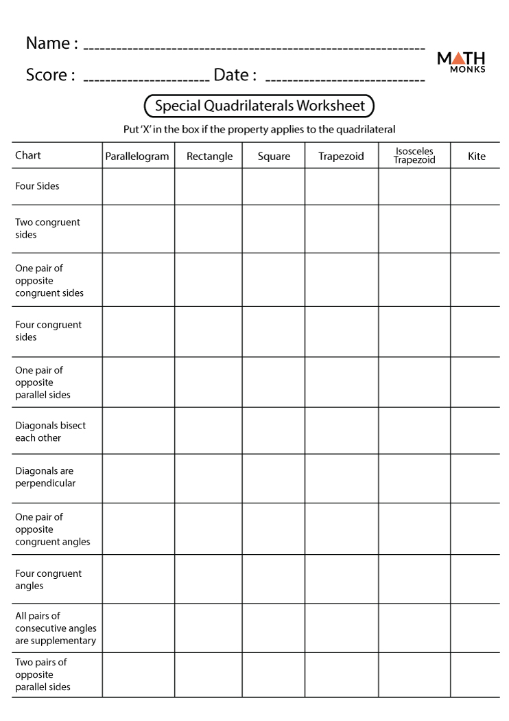 special quadrilaterals worksheet