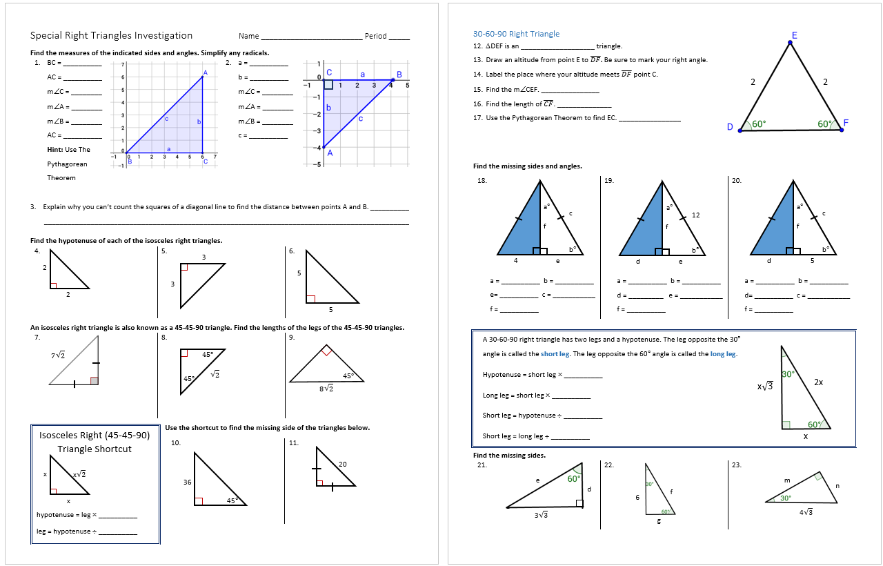 special right triangle worksheet answers