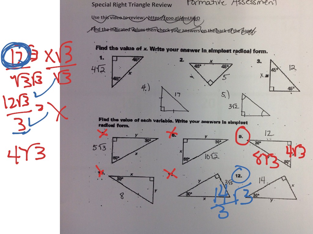 special right triangle worksheet answers
