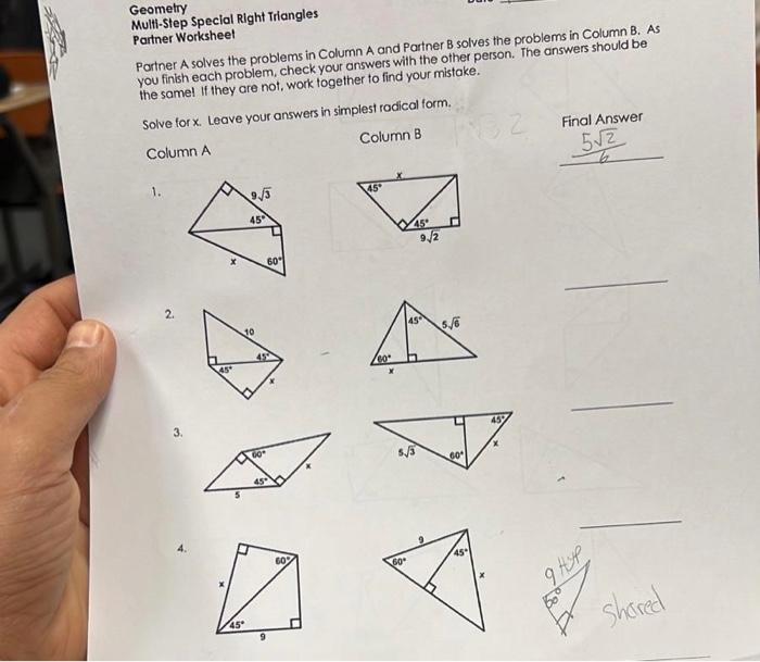 special right triangle worksheet answers