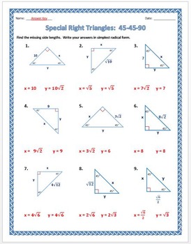 special right triangles 45 45 90 worksheet answers