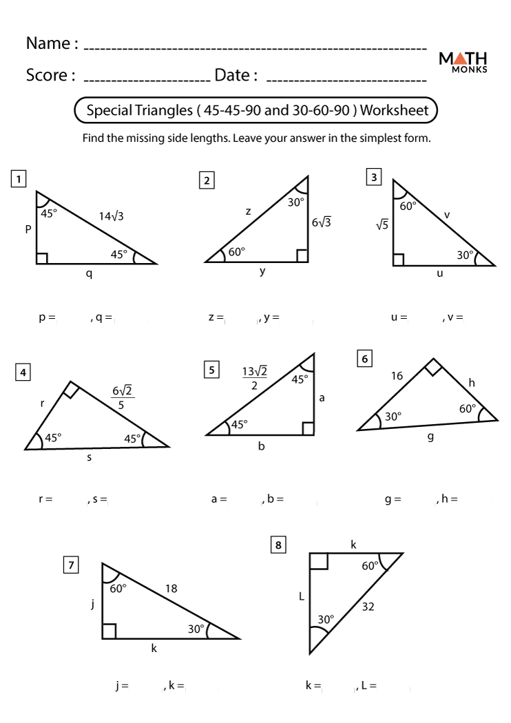 special triangles worksheet answers