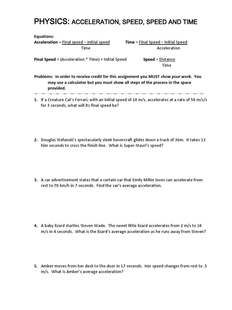 Acceleration Speed Time Worksheet PDF | Download Free PDF | Speed ...