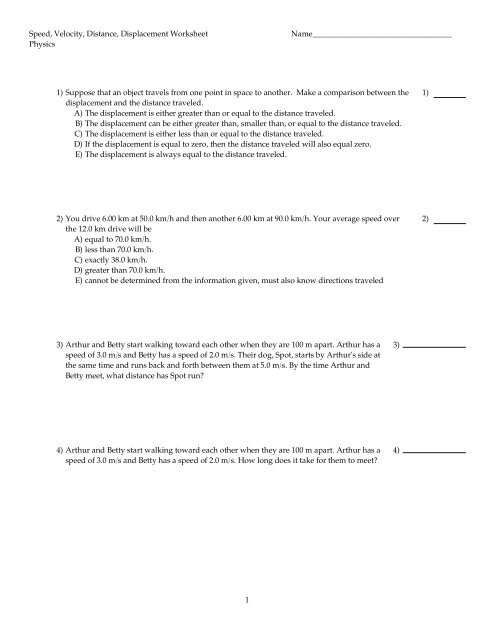 speed and velocity worksheet