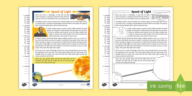 Fourth Grade Speed of Light Reading Comprehension Activity